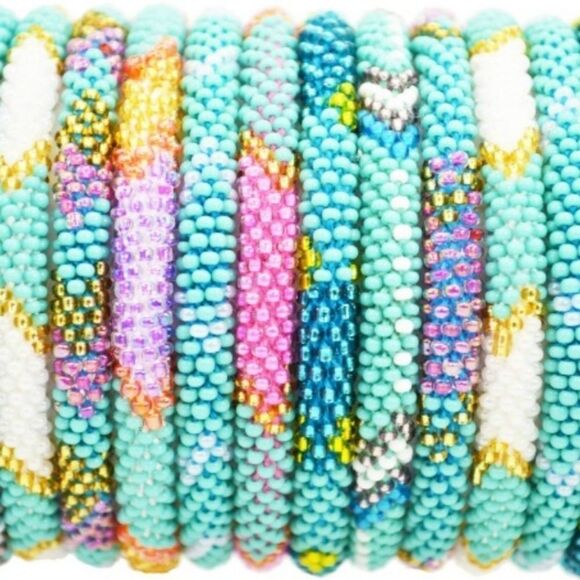 Set of 2 Sashka Turquoise & Turquoise/Pink/Silver Glass Beaded Bracelets - Picture 2 of 11